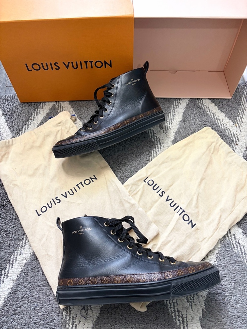 Authentic Louis Vuitton Black Leather High-Top Sneakers with Monogram Trim - Picture 3 of 14